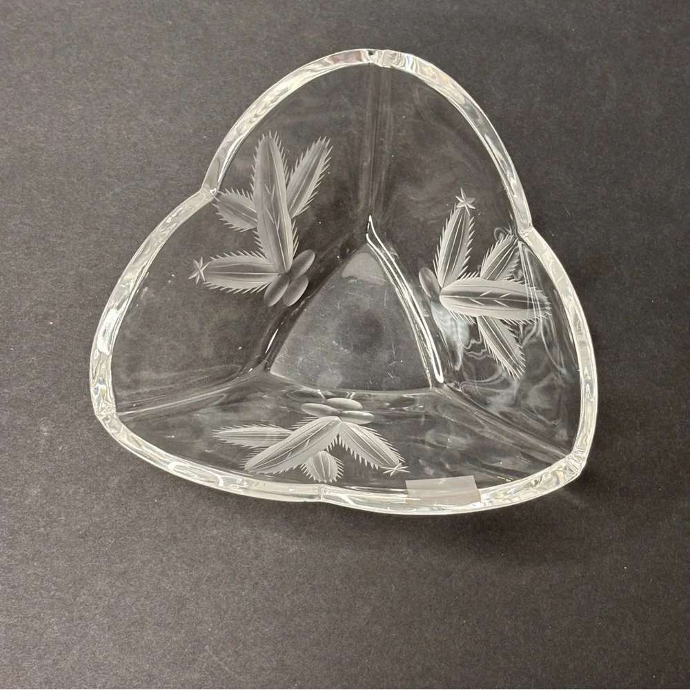 Vtg Mikasa Triangular Crystal Clear Glass Bowl with Etched Cactus Cacti RARE